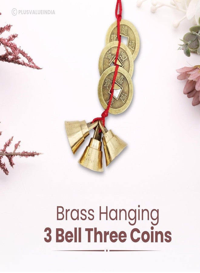 Plus Value Fengshui Vastu Lucky Brass Hanging 3 Bell Three Chinese Coins Main Entrance Door Hanging for Home & Office Decor, Attract Wealth, Prosperity Spiritual Gifting, Cute Miniature Decor - Image 2